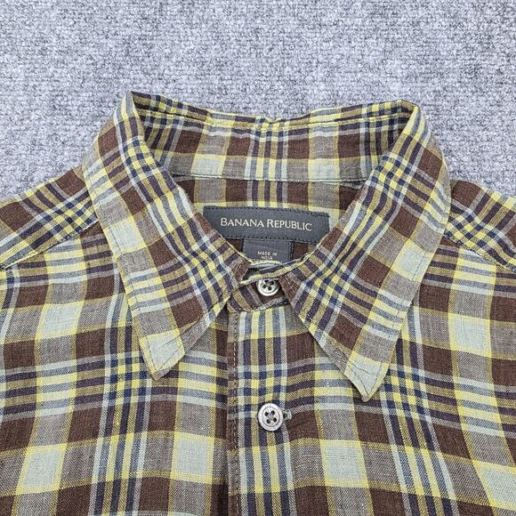 Banana Republic Shirt Mens Large Brown Yellow Plaid Linen Short Sleeve Button Up - Picture 10 of 14